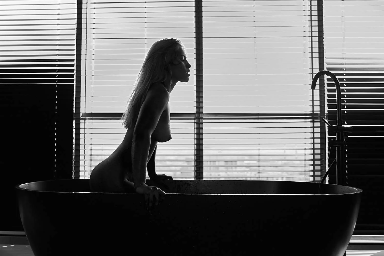 Black and white silhouette in an interior with strong window light