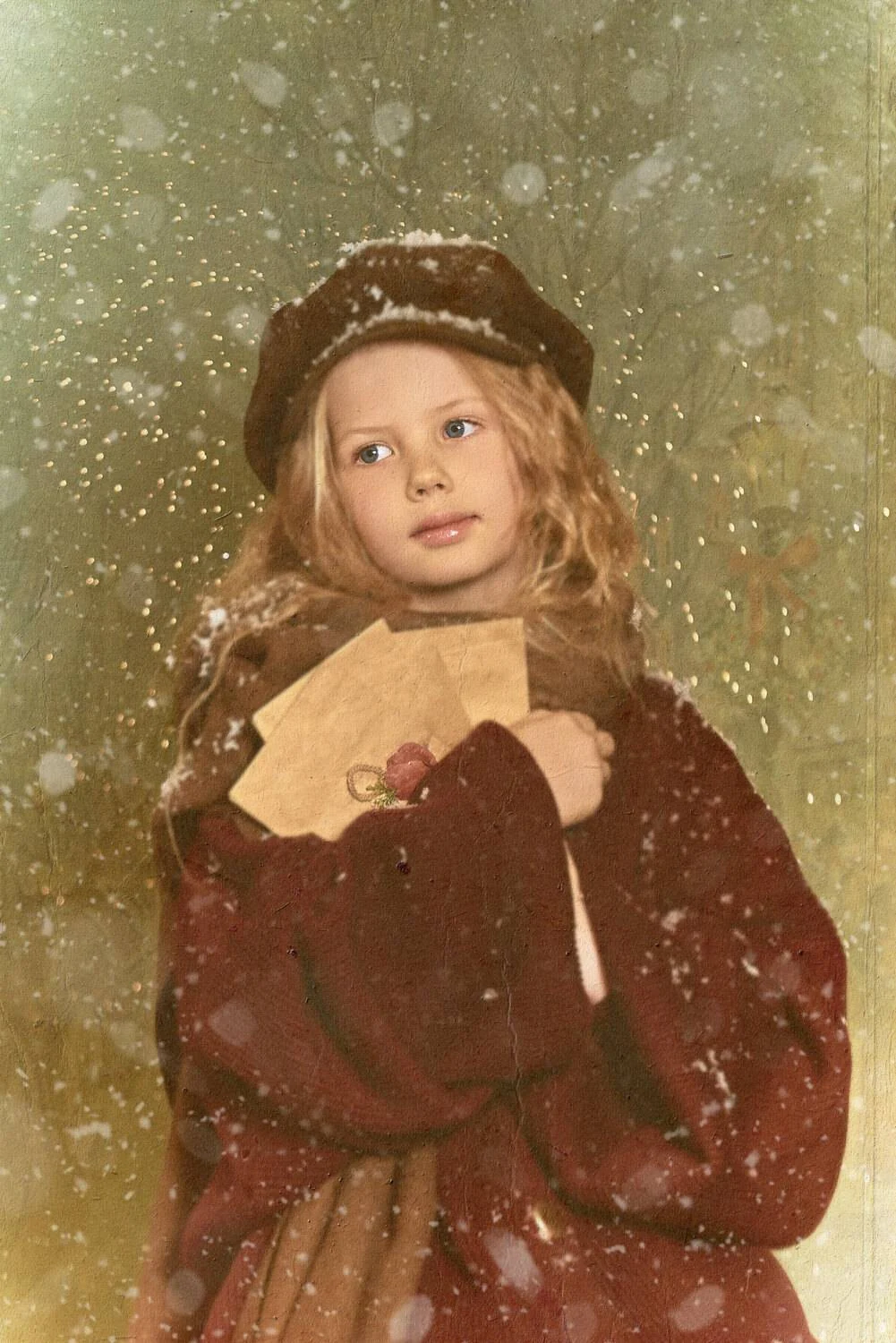 Atmospheric winter portrait in falling snow